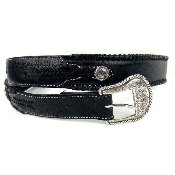 NOCONA Black Leather Belt w/ Silver-Toned Buckle & Conchos Mens Size 36 N2475601 - Picture 1 of 14